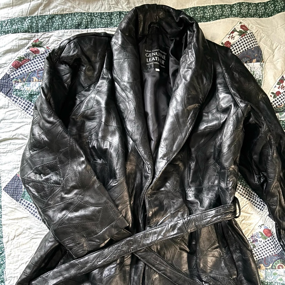 Vintage Black Genuine LeatherJacket with Patchwork Design & Belt